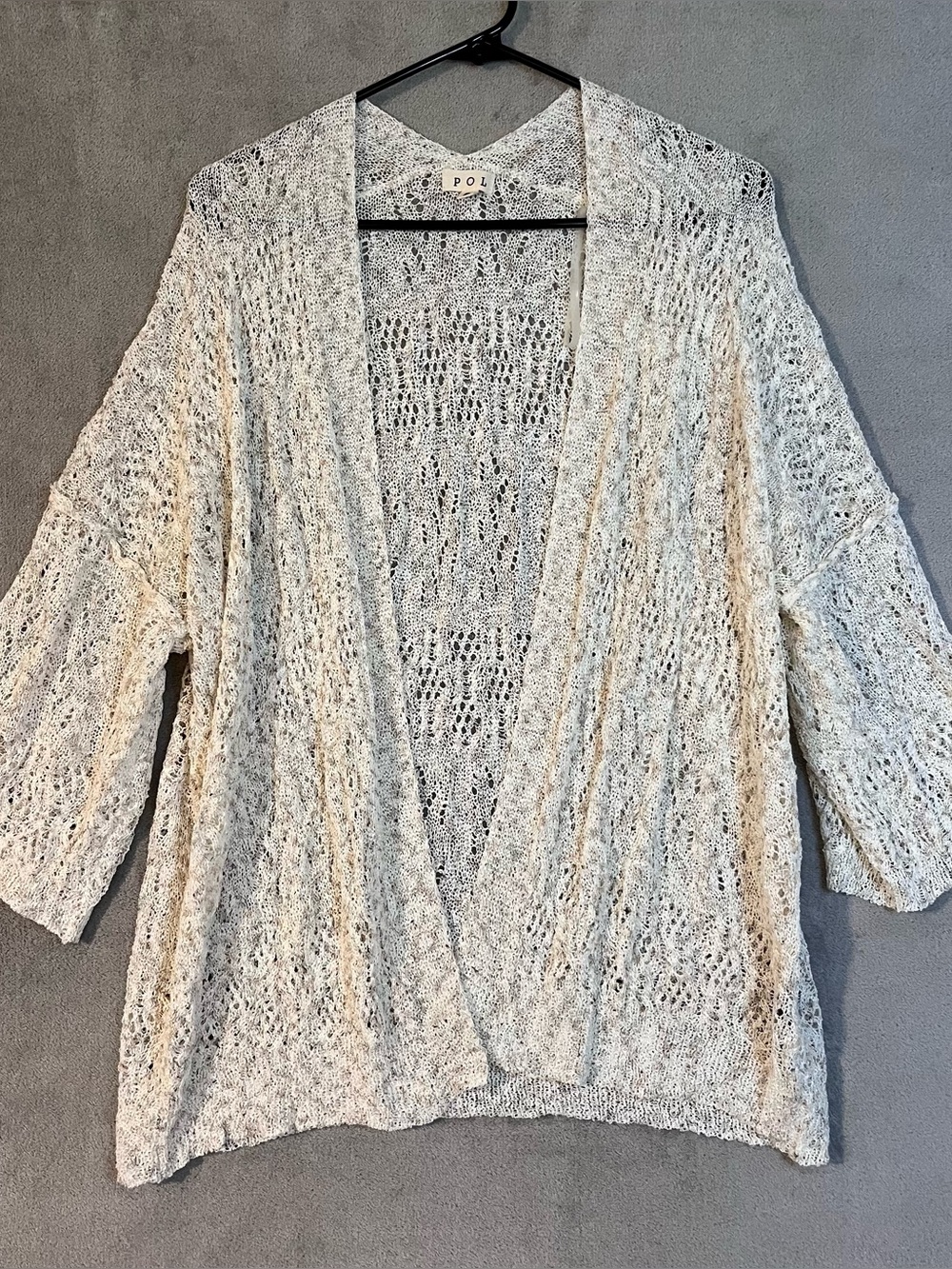 POL Crochet Lace Open-Knit Cream Cardigan Womens Sz Small 3/4 Sleeves